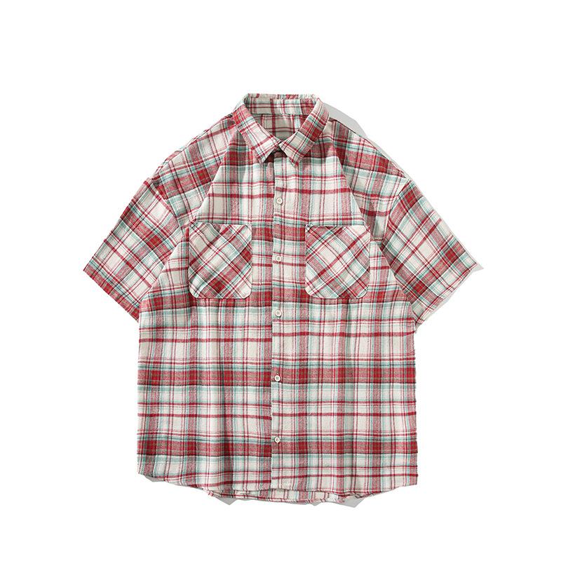 Maxct 90s Streetwear Japanese Niche Plaid Short-sleeved Shirt Men's Summer New Loose Trendy Brand All-match Shirt Couple's Coat Top