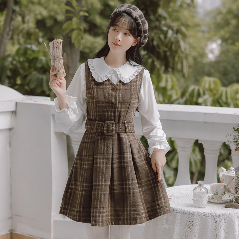 Coffee Plaid Pinafore Dress / Blouse Maxct