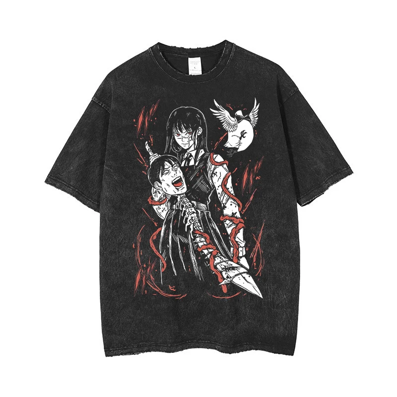 Maxct Anime Chainsaw Man Acid Tshirt Retro Vintage Washed Printed Graphic T Shirt Men Harajuku Cotton Casual Short Sleeve Tshirt Tops