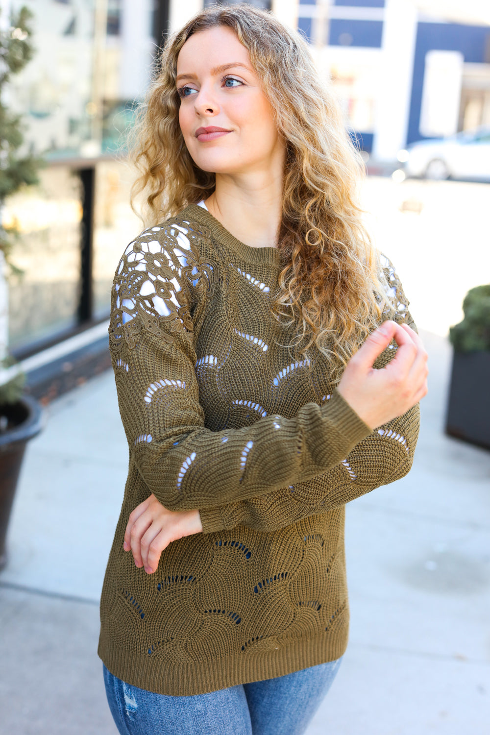 Maxct &Casual Chic Olive Pointelle Lace Shoulder Knit Sweater