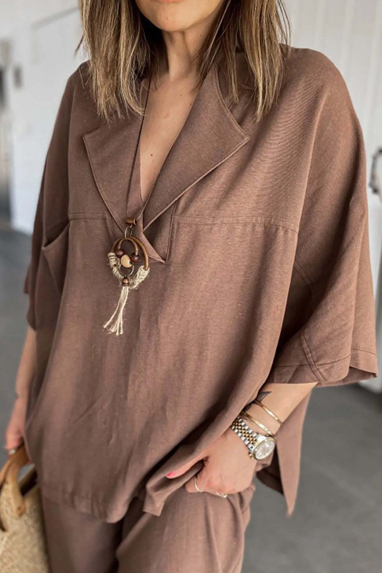 Maxct Lapel Shirt Slit Hem Long Pants Set