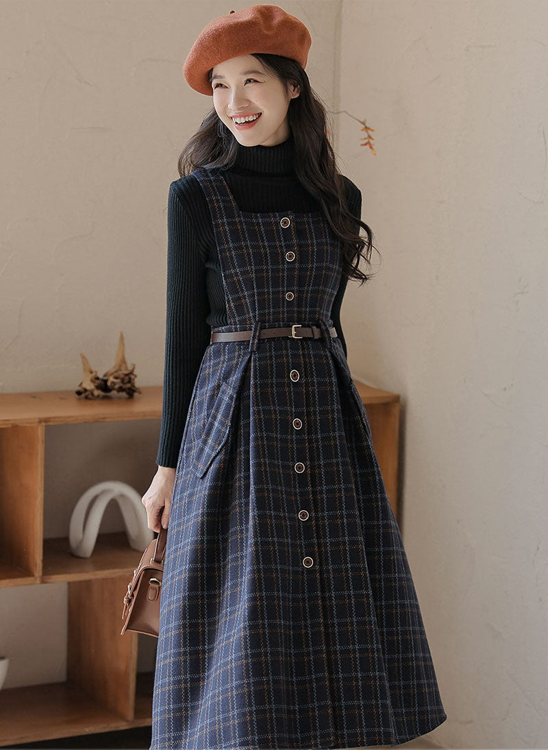 Button Up Plaid Pinafore Dress Maxct