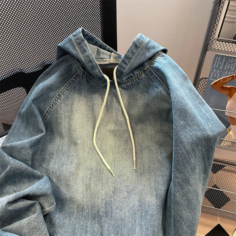 Big Pocket Raglan Sleeve Unisex Vintage Denim Hoodie Maxct