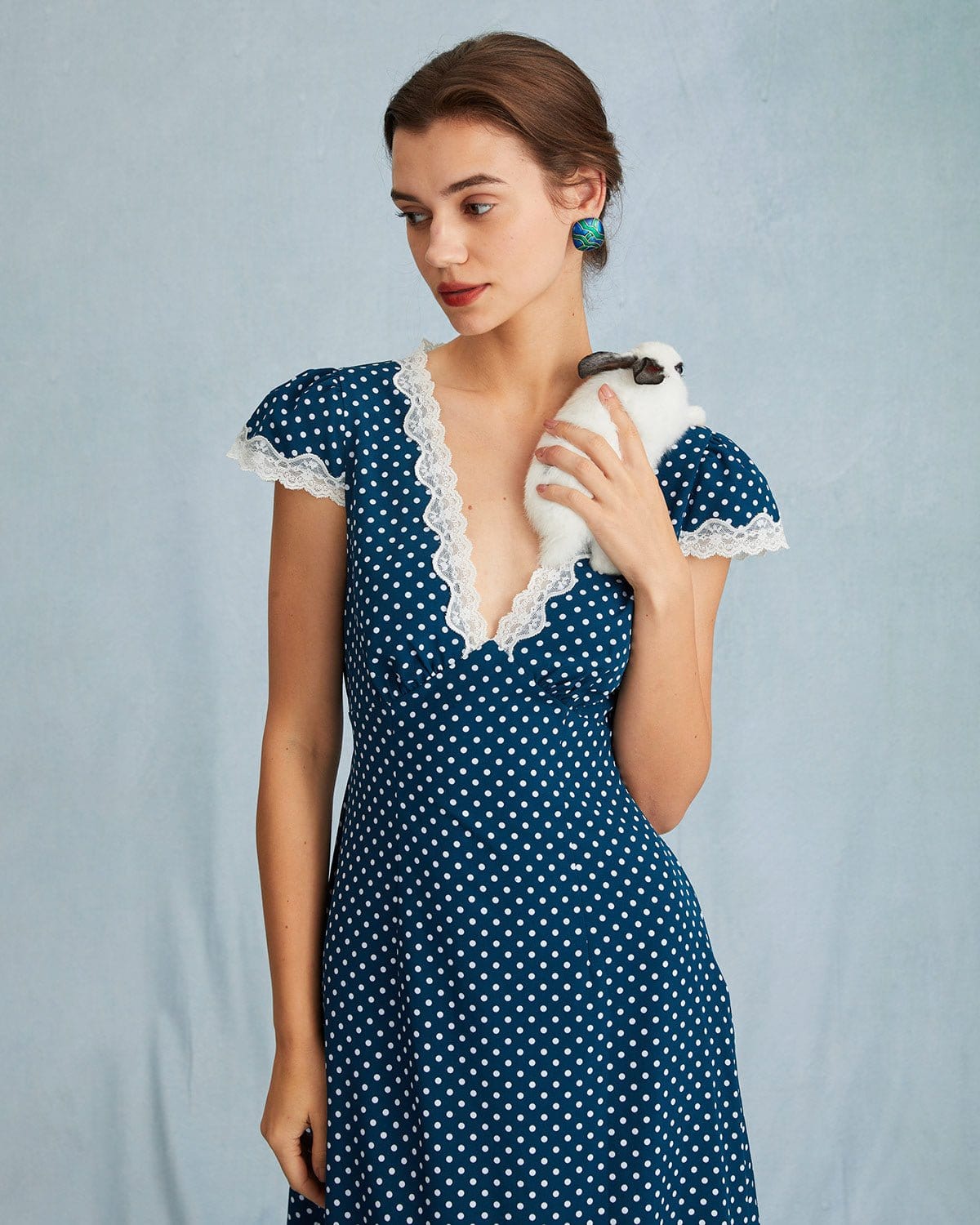 Maxct The Navy V Neck Polka Dot Lace Ruched Maxi Dress