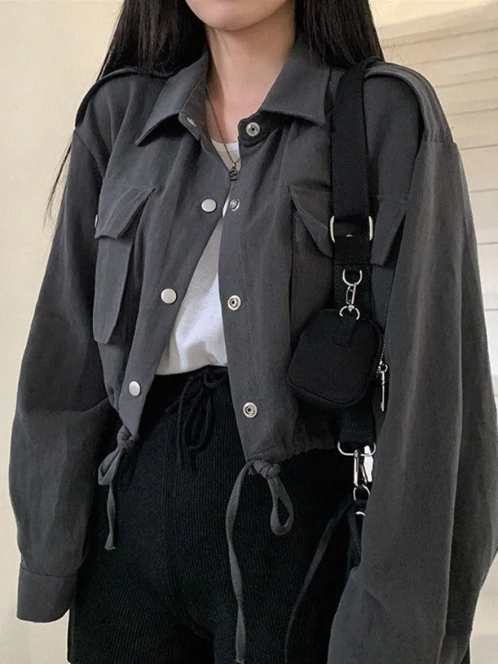 Maxct Lapel Neck Snap Button Drawstring Short Long Sleeve Blouse