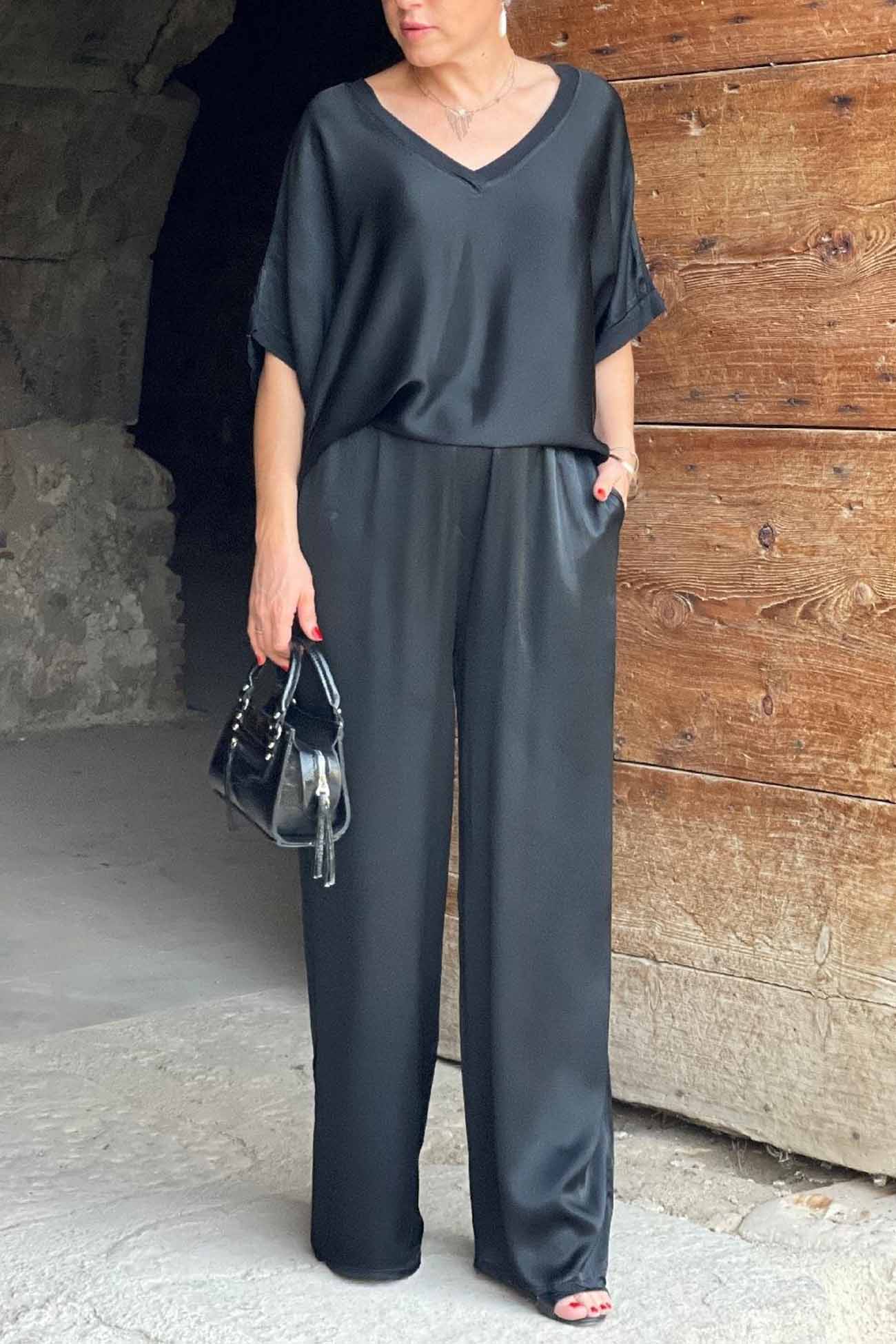 Maxct Satin V Neck Half Sleeve Long Pant Set