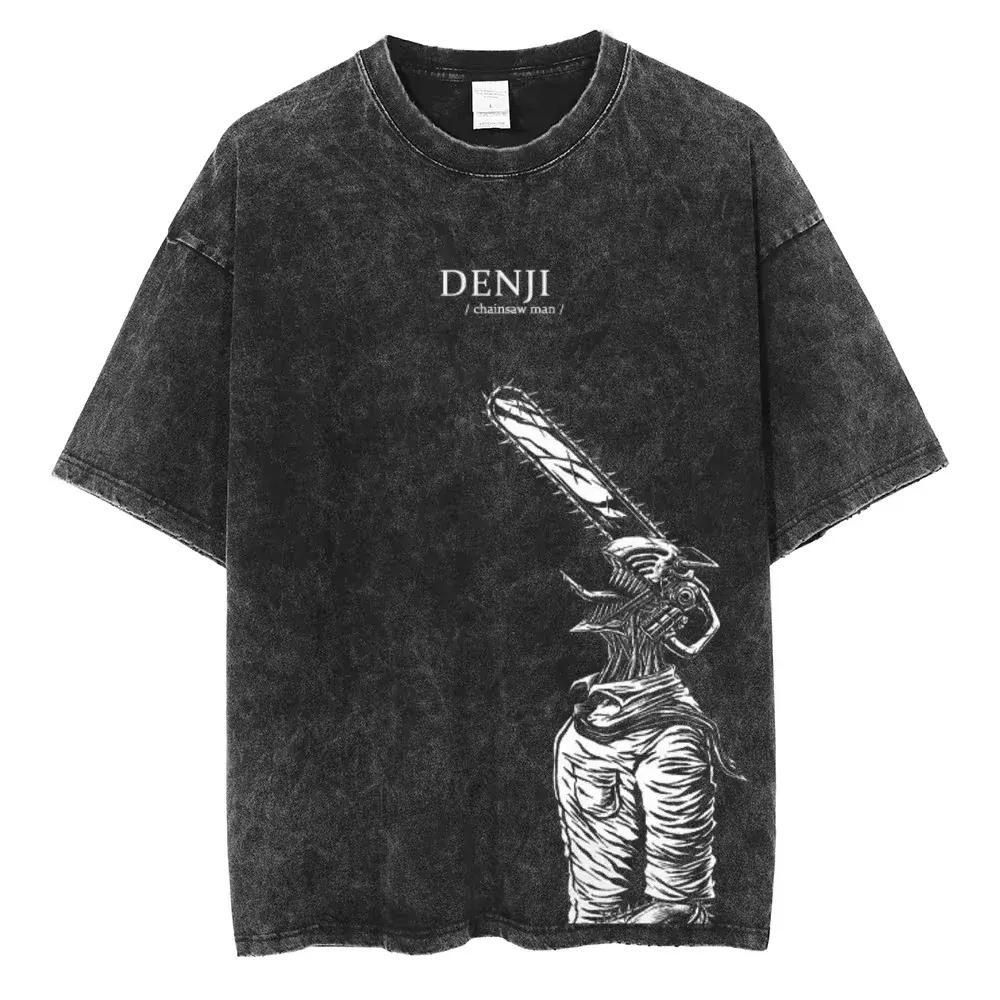 Maxct Anime Chainsaw Man Acid Tshirt Retro Vintage Washed Printed Graphic T Shirt Men Harajuku Cotton Casual Short Sleeve Tshirt Tops