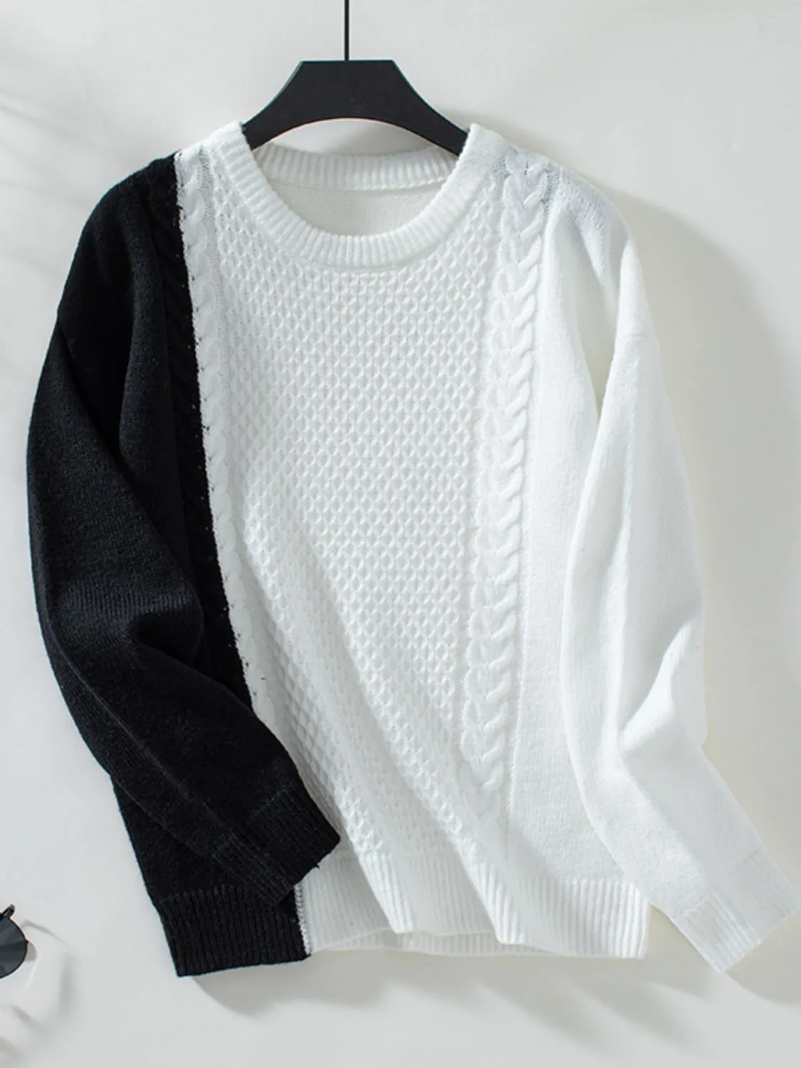 Maxct &Two Tone Cable Knit Round Neck Long Sleeve Sweater