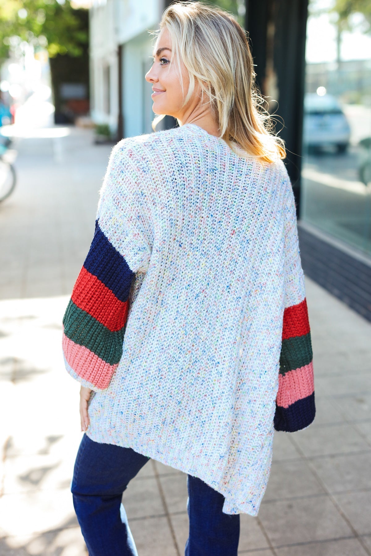 Maxct &Weekend Ready Ivory Multicolor Mixed Thread Bubble Sleeve Cardigan