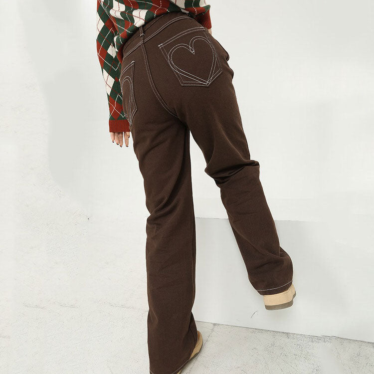 Heart Embroidery Brown Wide Jeans Maxct