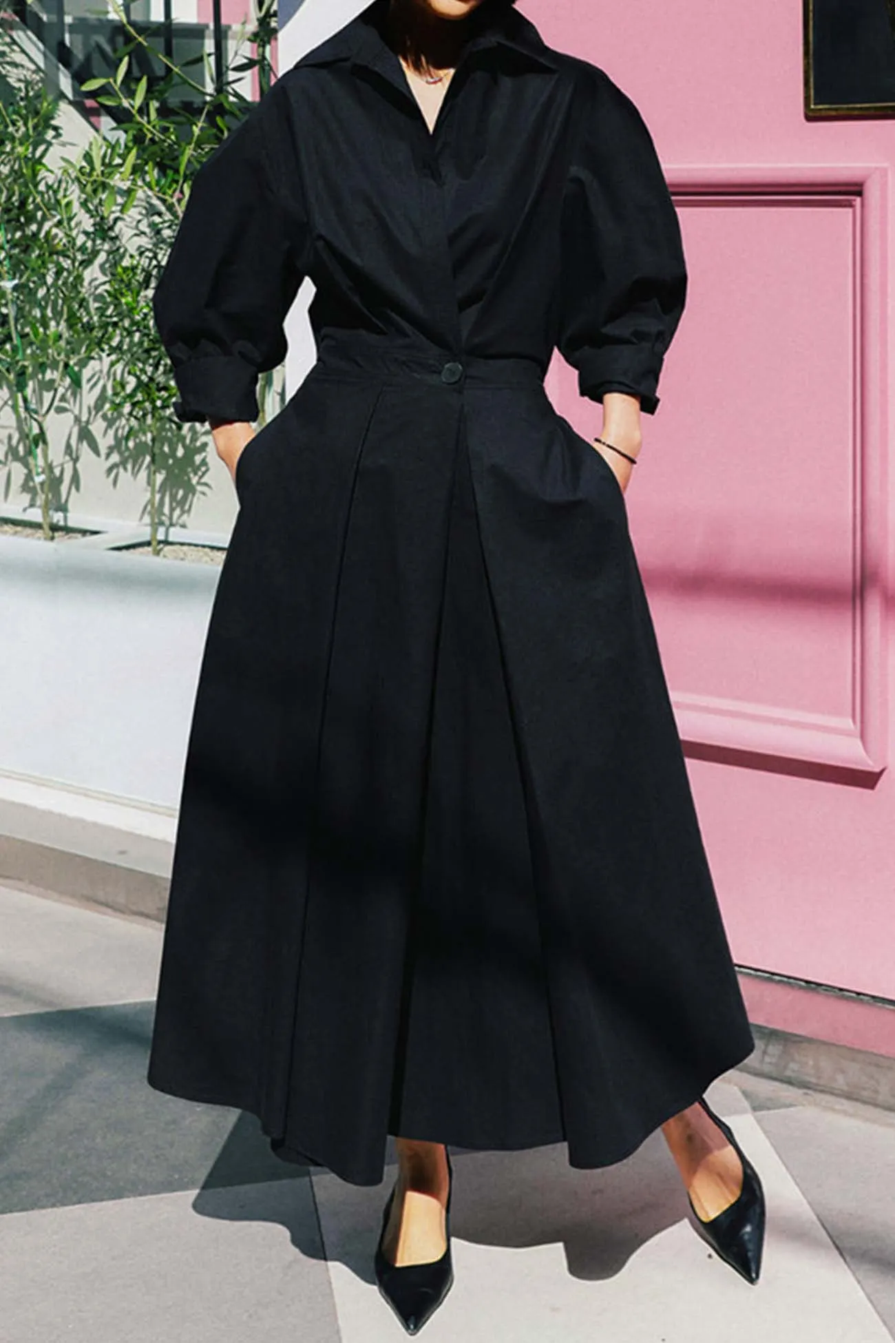 Maxct Cotton Long Sleeve A-Line Shirt Midi Dress
