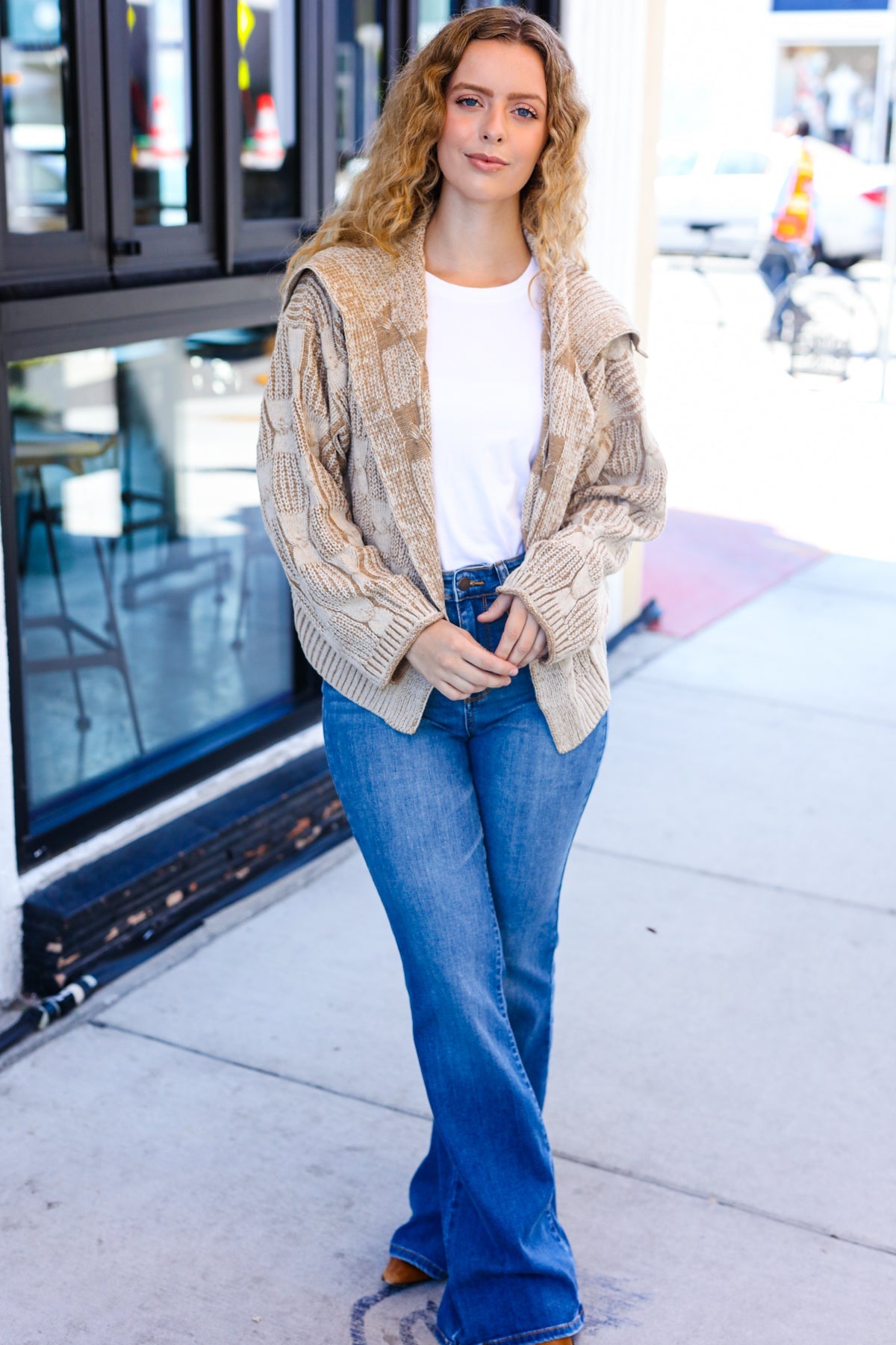 Maxct &Autumn Vibes Taupe Textured Cable Knit Collared Cardigan