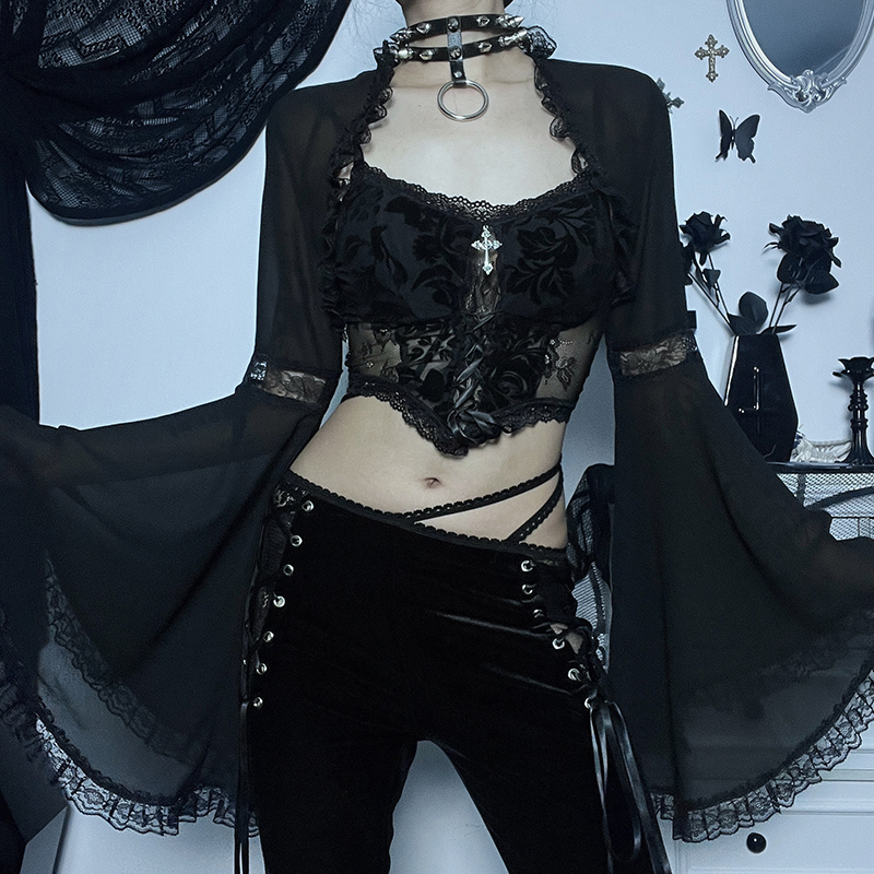 Women's Gothic Tops Dark Lace Lace Flared Sleeve Blouse Tops Street Sexy Slim Gauze Jacket