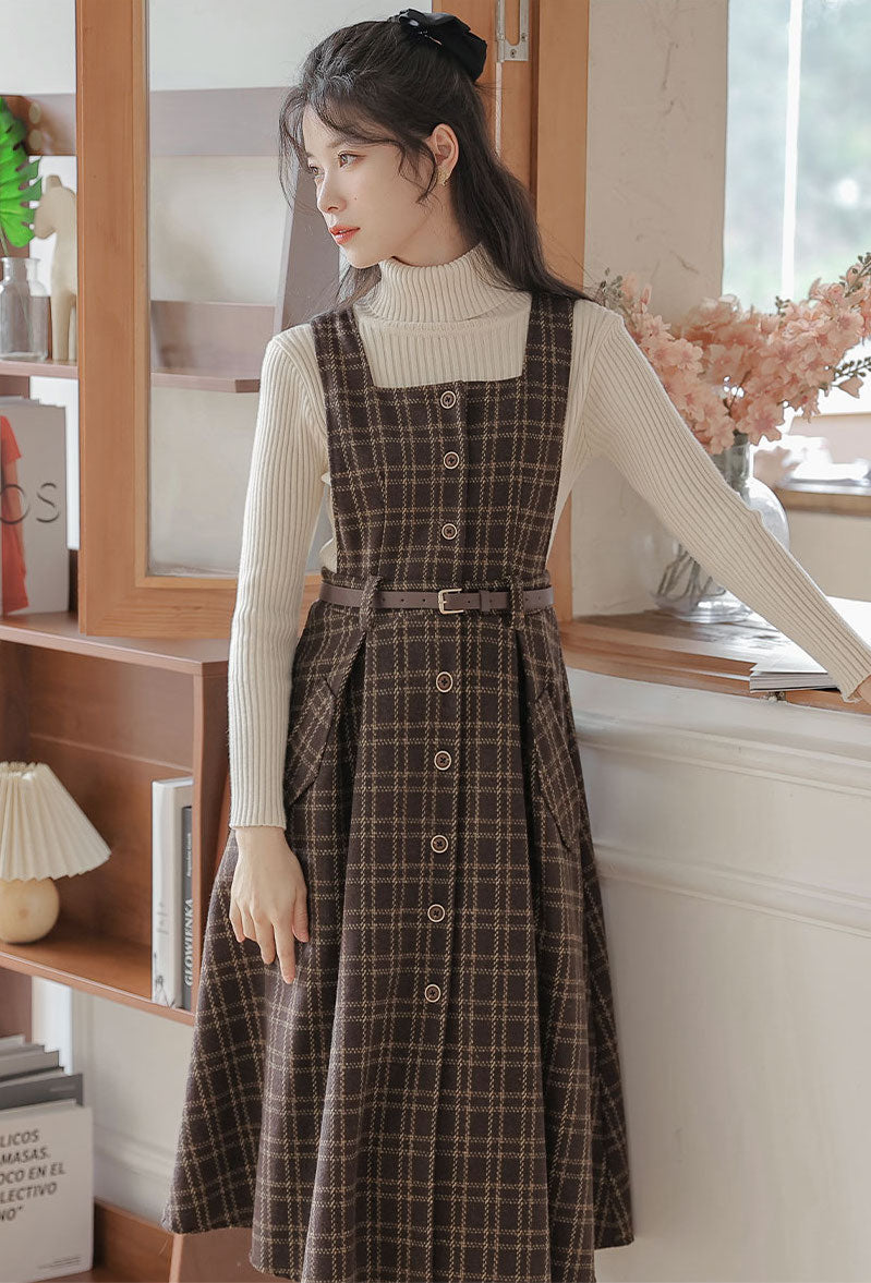 Button Up Plaid Pinafore Dress Maxct