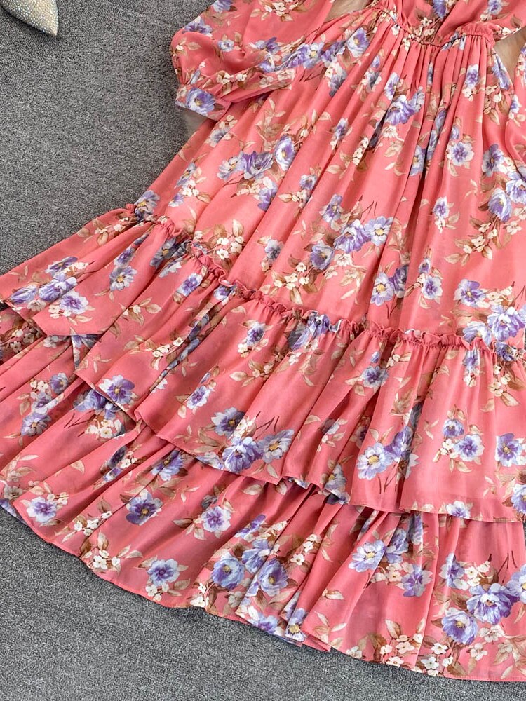 Vintage Floral Chiffon Long Dress Elegant O-Neck Puff Sleeve High Waist A-Line Ruffle Hem Vacation Beach Maxi Vestidos