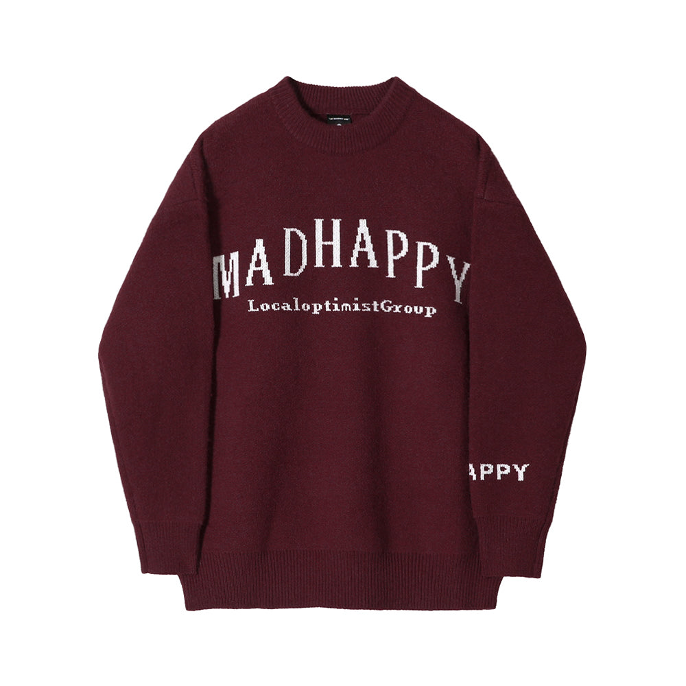 Maxct 5574 Claret Red Knitted Lettered Crewneck Sweater