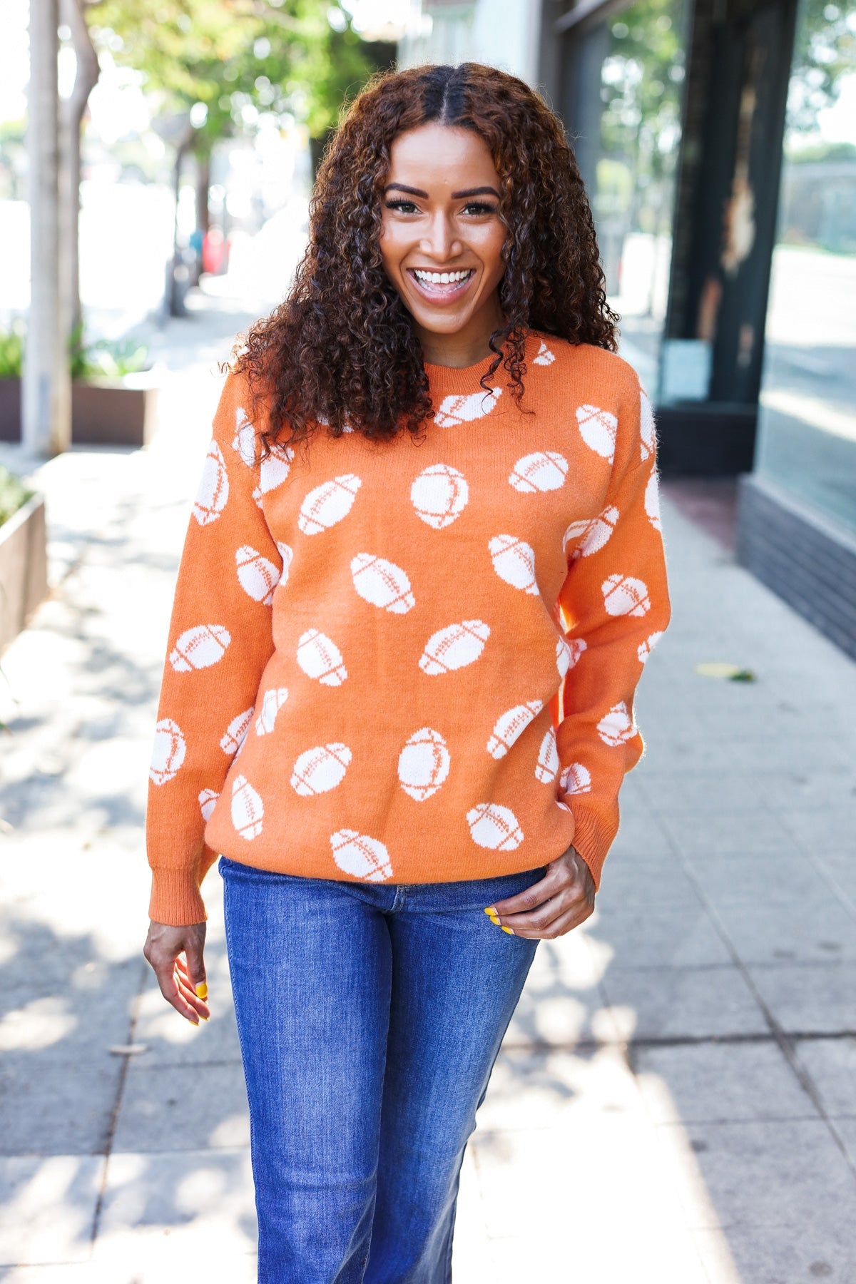 Maxct &Game Day Orange Football Print Jacquard Knit Sweater