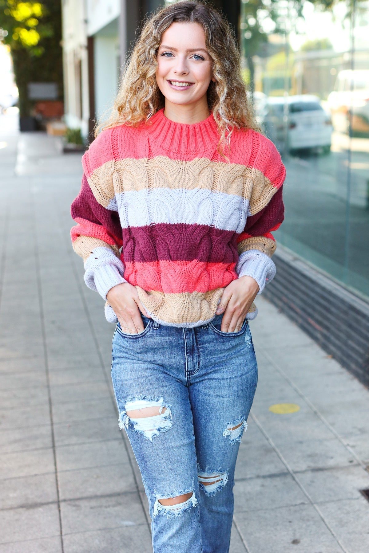 Maxct &Fall For You Rust Multicolor Stripe Cable Knit Mock Neck Sweater