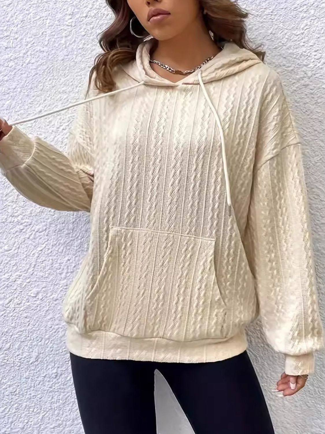 Maxct &Drawstring Texture Long Sleeve Hoodie