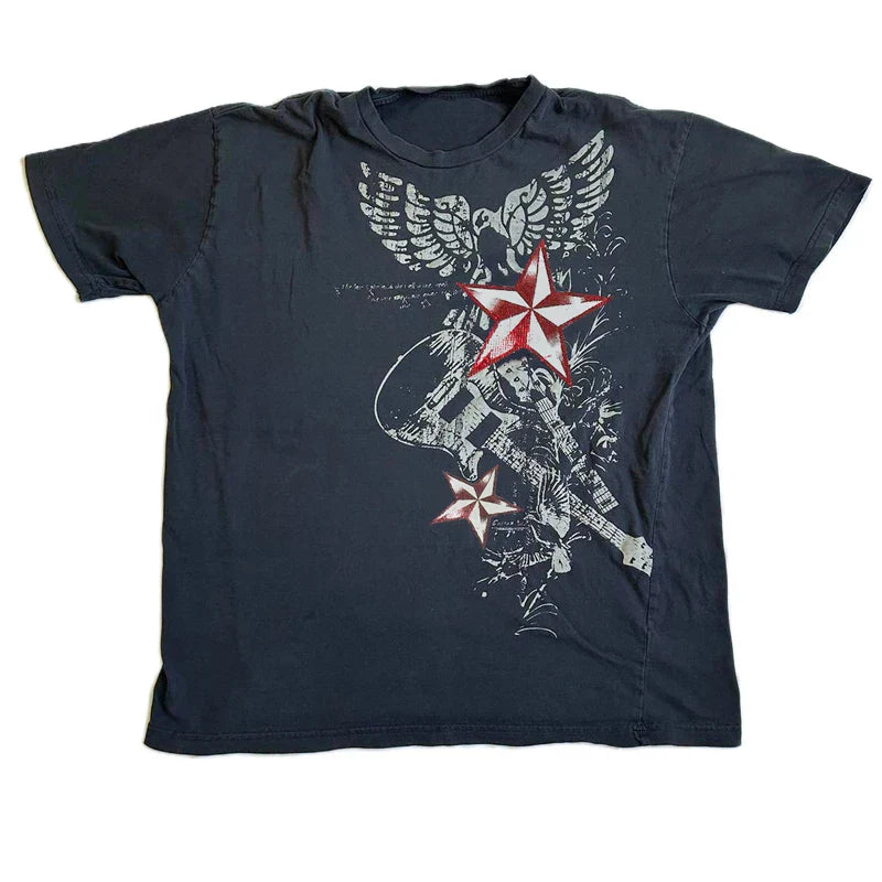 Maxct Y2K Vintage Cyber Graphic T-shirt Halloween Retro Grunge Star Print Pullovers Tops Japanese Style Emo Short Sleeve Baggy Tees