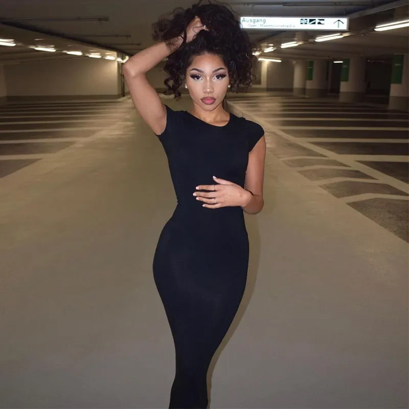 Voguable Short Sleeve O-Neck Solid Bodycon Dress Streetwear Y2K Party Casual Club Maxct