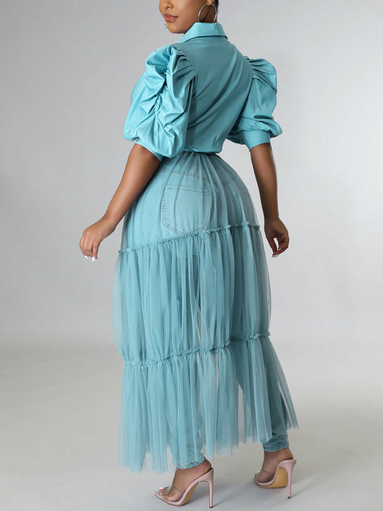 Long Sleeve Mesh Shirt Dress with Belt Maxct