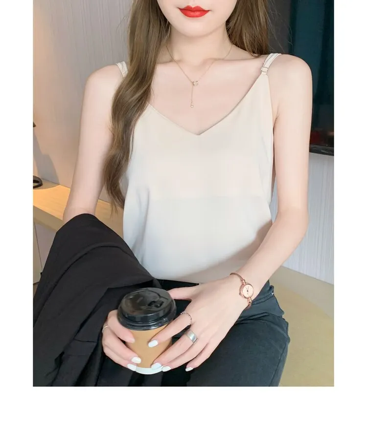 Maxct Chiffon Camisole Female V Neck Plain Loose Camis Tops With Adjustable Straps