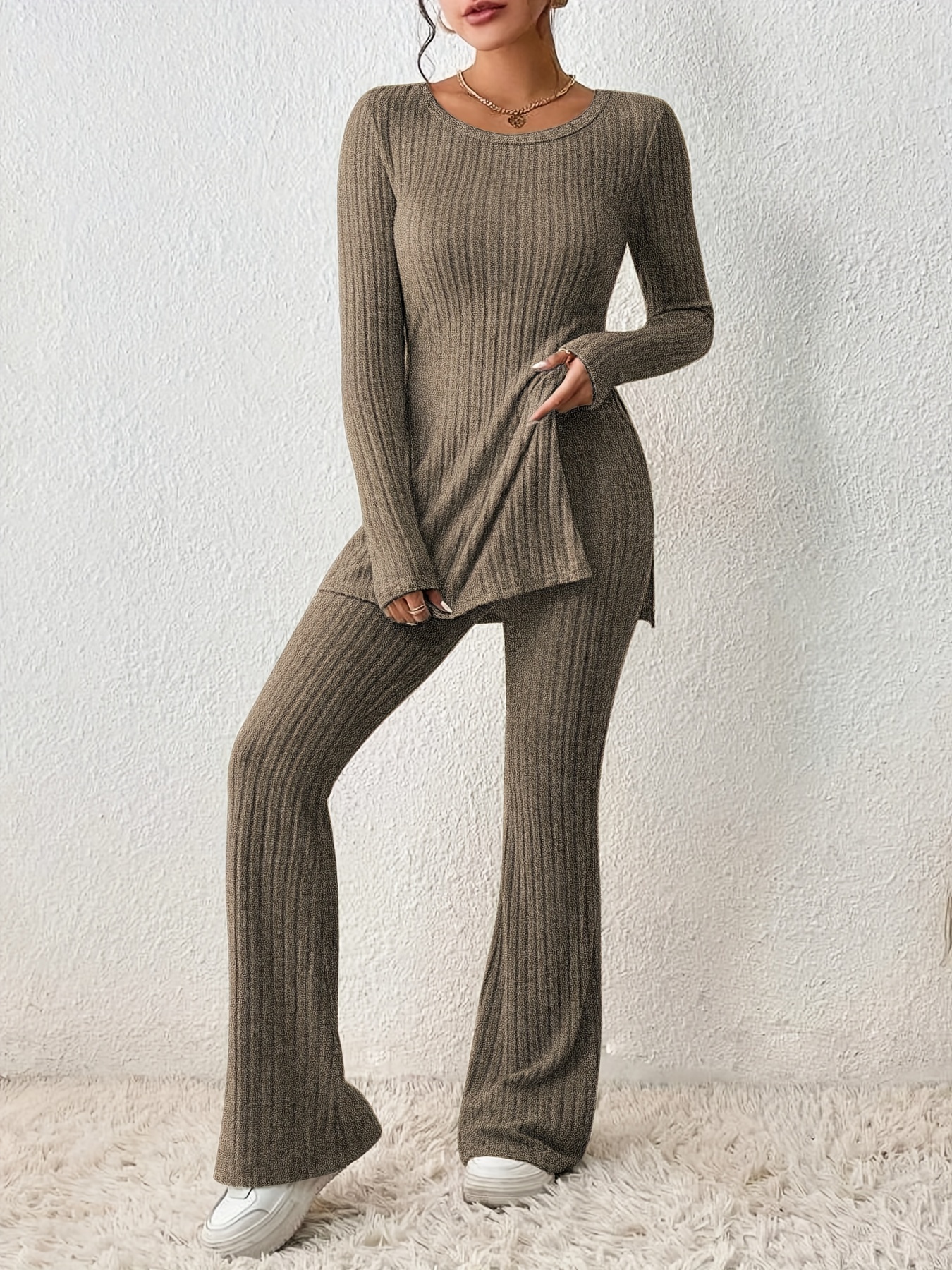 Solid Textured Two-piece Set, Long Sleeve Slit Long Length Top & Skinny Pants Outfits, Women's Clothing