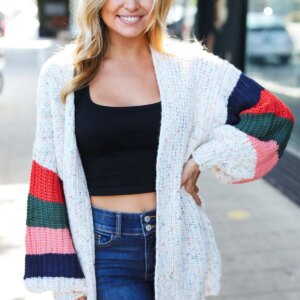 Maxct &Weekend Ready Ivory Multicolor Mixed Thread Bubble Sleeve Cardigan