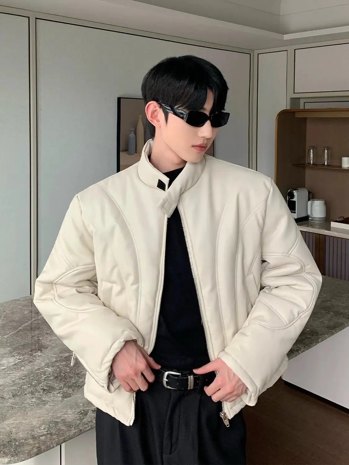 Maxct Quilted Collar Short PU Leather Jacket