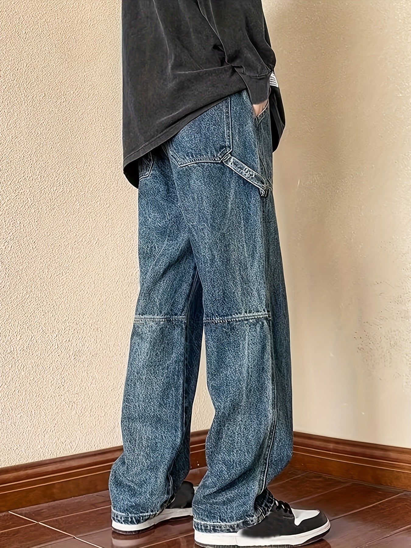 Maxct  Wide Leg Cotton Jeans, Men's Casual Street Style Patchwork Denim Pants For Spring Summer