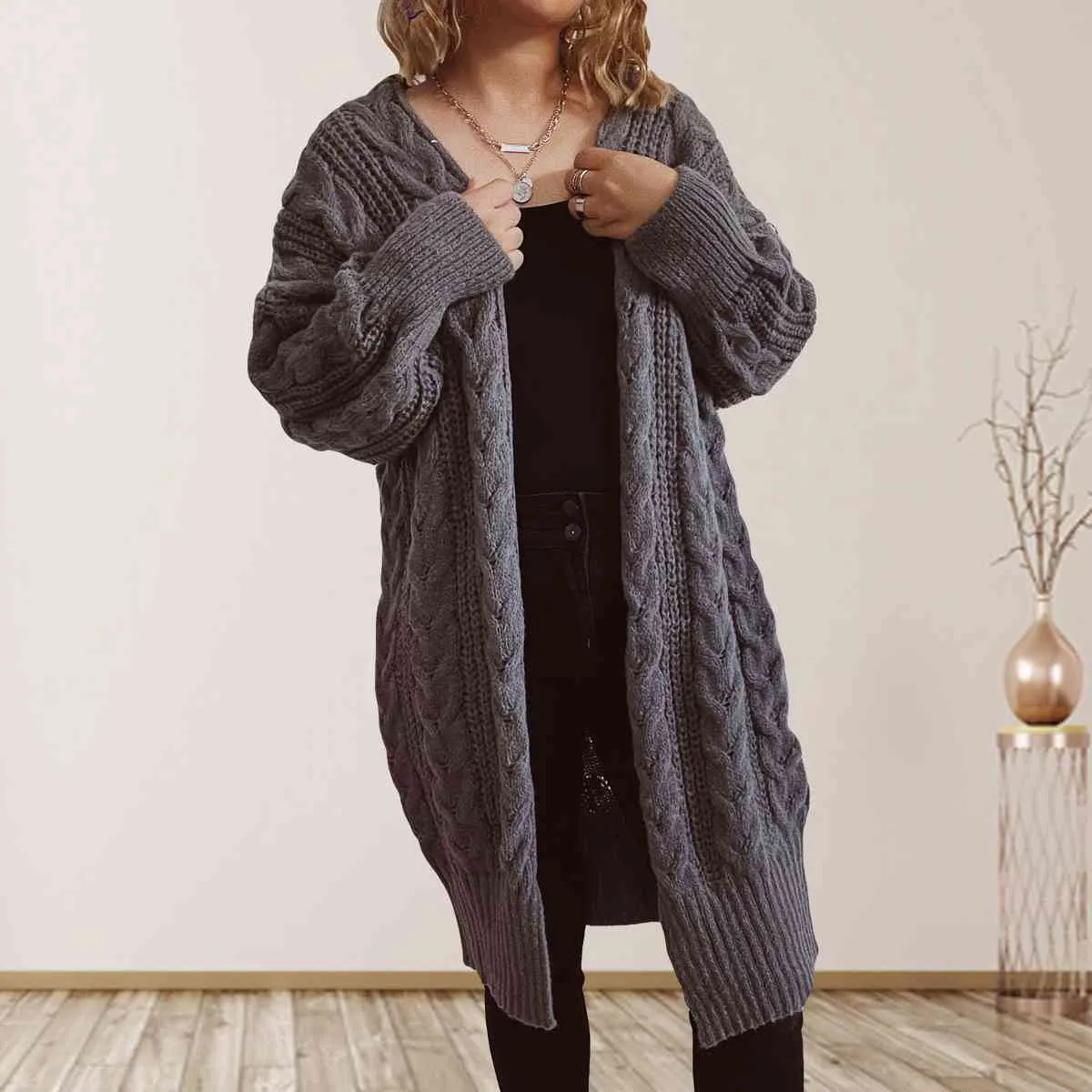 Maxct &Cable-Knit Open Front Dropped Shoulder Cardigan