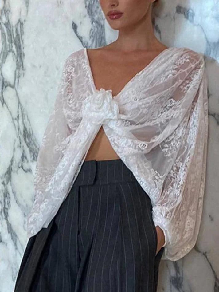 Maxct V Neck Lace Slit Long Sleeve Blouse