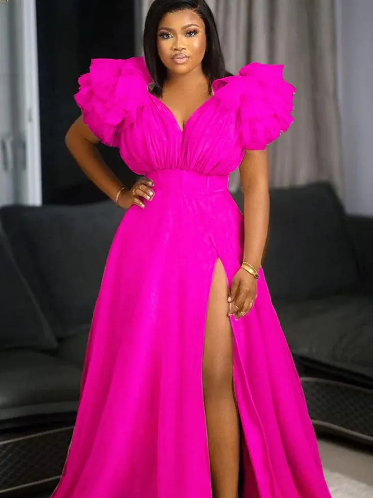 V Neck Tulle Ruffle Maxi Dress Maxct