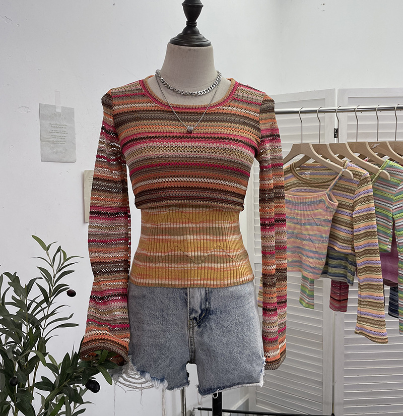 Maxct outfit inspo fall American Hot Girl Contrast Color Striped Stitching Short Navel Blouse + Slim Camisole Two-Piece Set 8869