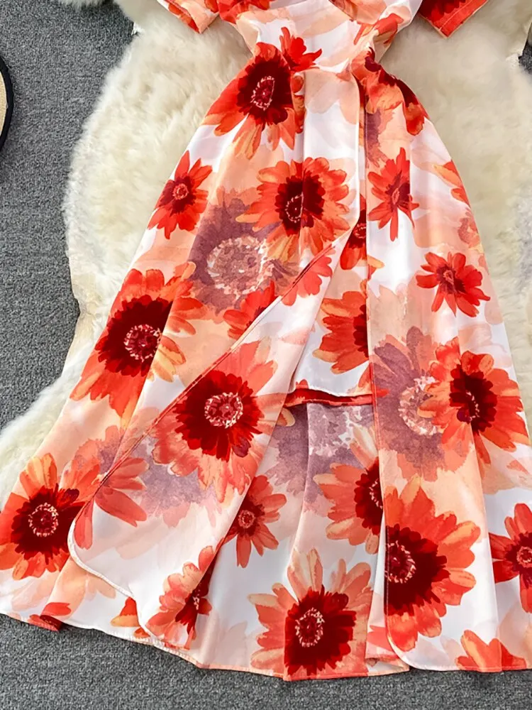 Vintage Women Printed Dresss Sexy Square Collar Short Puff Sleeve High Waist A-Line Vacation Beach Vestidos Female New