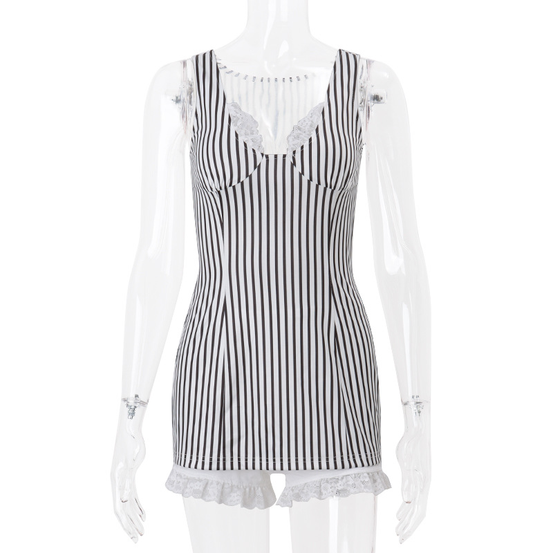 y2k 2 Piece Set Stripe Print Sleeveless Lace Trim V Neck Mini Bodycon Dress with Shorts 2000s Streetwear