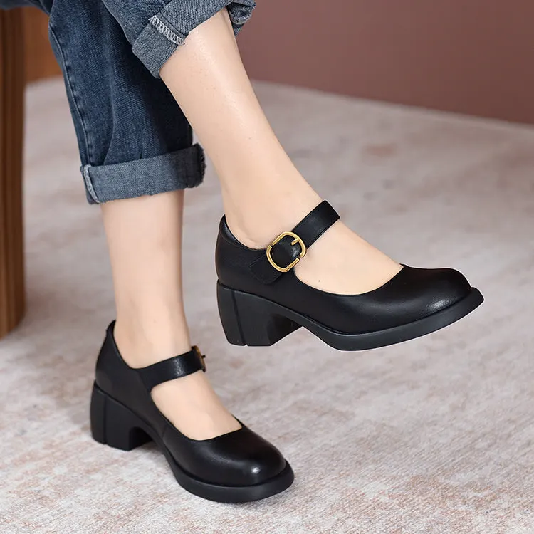 Handmade Pumps Mary Jane Heels Sandalss Round Toe  Retro Velcro Sandals Black/Brown Maxct