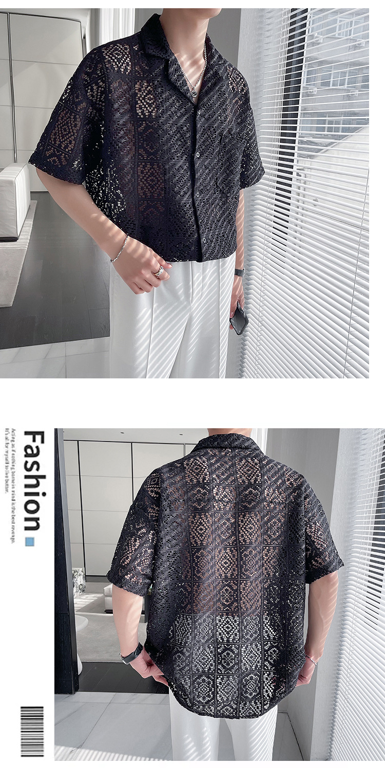 Summer New Casual Hollow Out Shirts Men Sexy See Through Breathable Shirt For Mens Fashion Solid Color Lapel Buttoned Cardigans