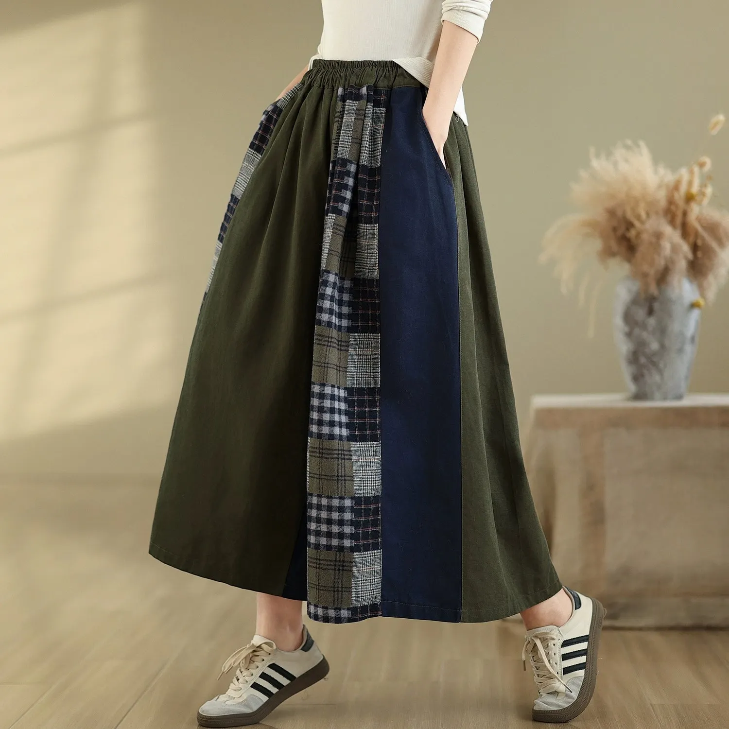 Women Spring Vintage Artistic Cotton Plaid Patchwork Wide-Leg Pants