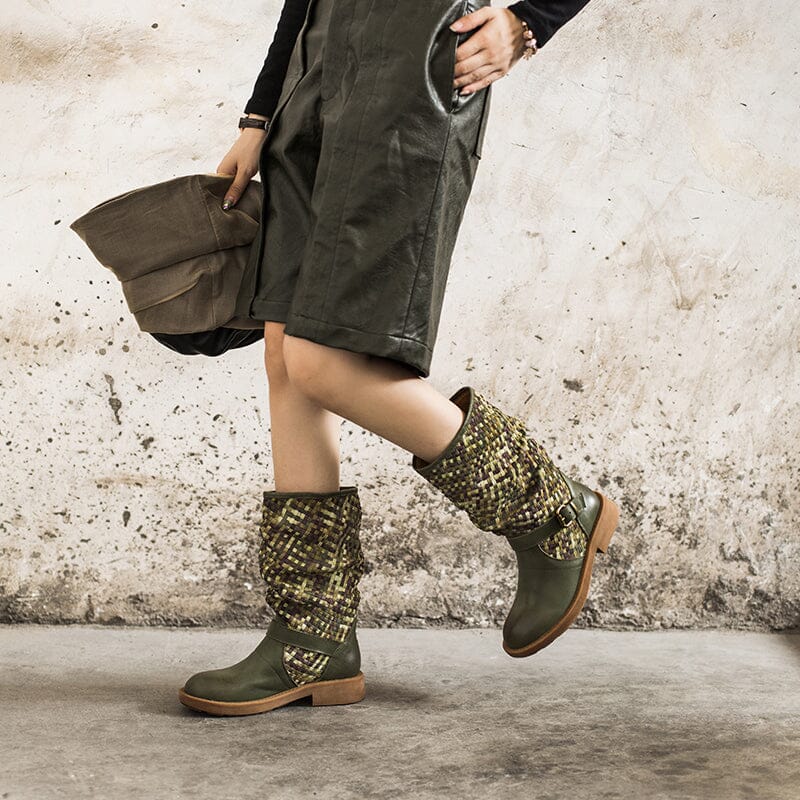 Woven Boots Mid Calf Color Blocking Design Riding Boots Maxct
