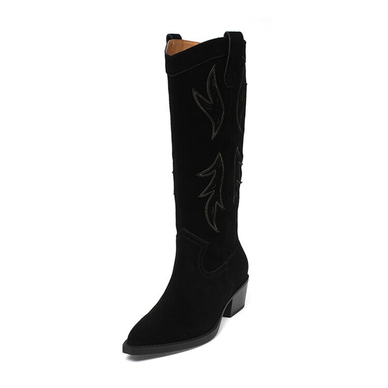 Women's Suede Western Embroidered Knee High Boots Block Heel - Black/Brown Maxct