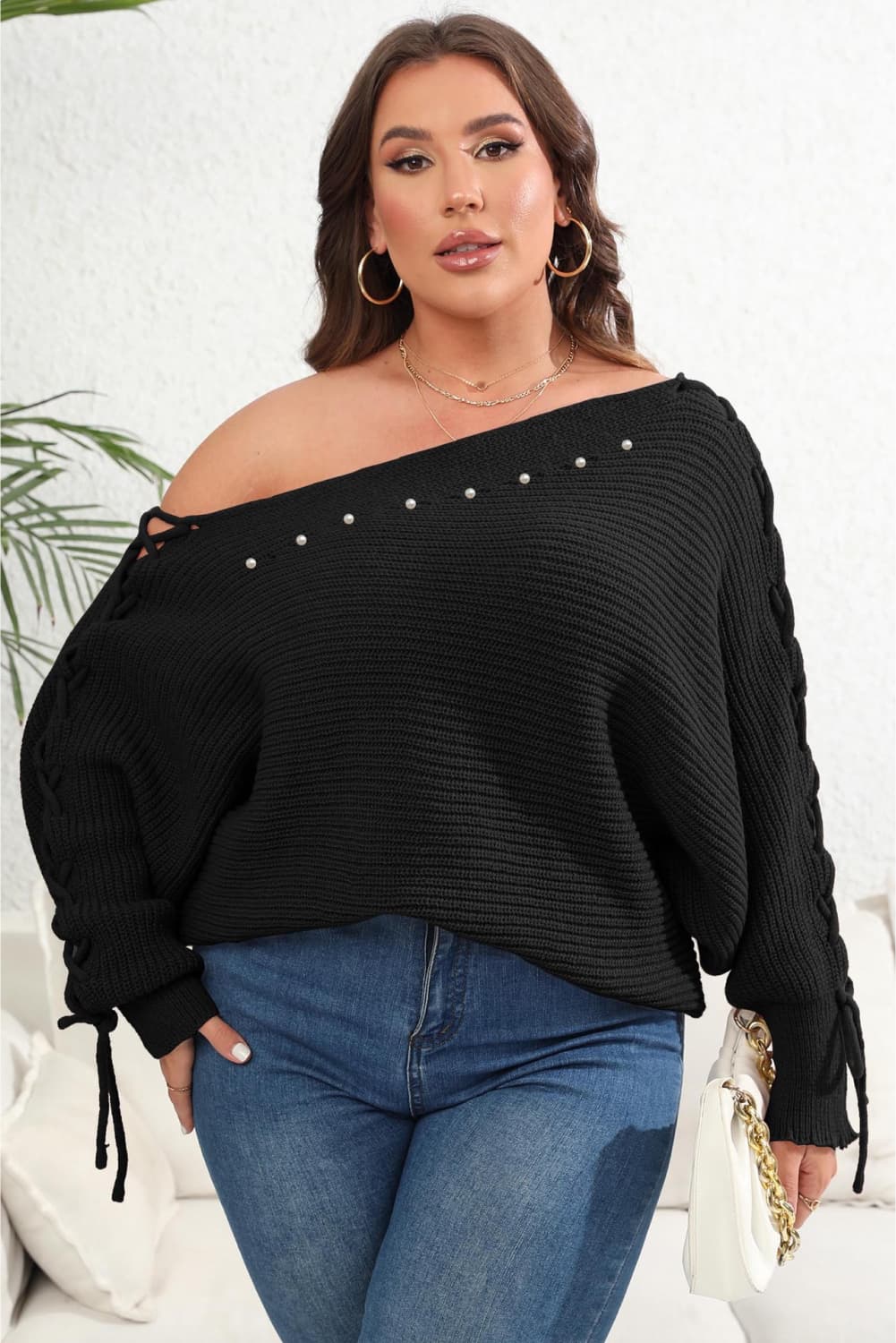 Maxct &Plus Size One Shoulder Beaded Sweater