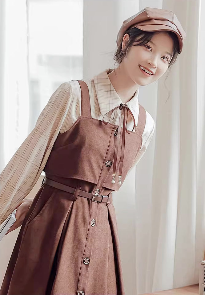 Suede Button Up Cami Pinafore Dress Set Maxct