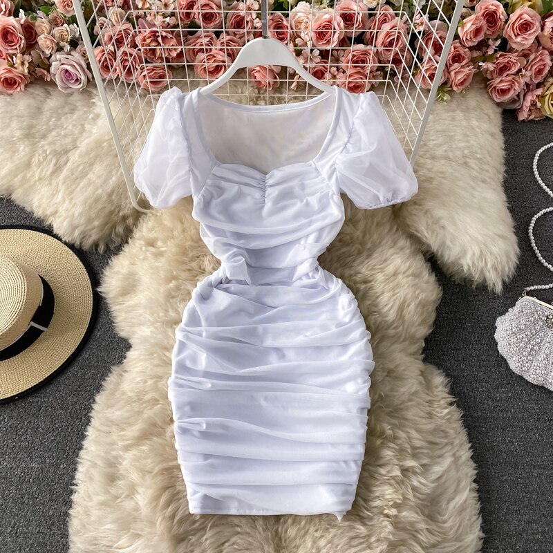 Sexy Mesh Draped Bodycon Dress Women Elegant Square Collar Short Puff Sleeve Pleated Vestidos Female Summer