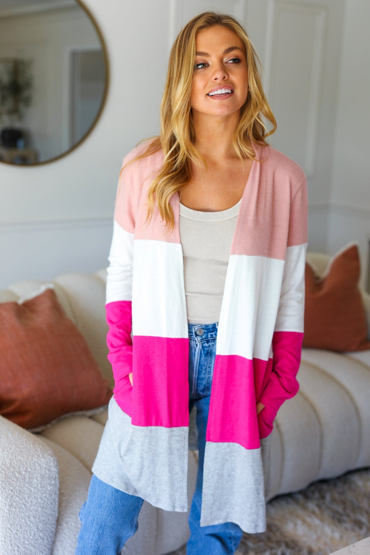 Maxct &Face The Day Blush Wide Stripe Hacci Colorblock Cardigan