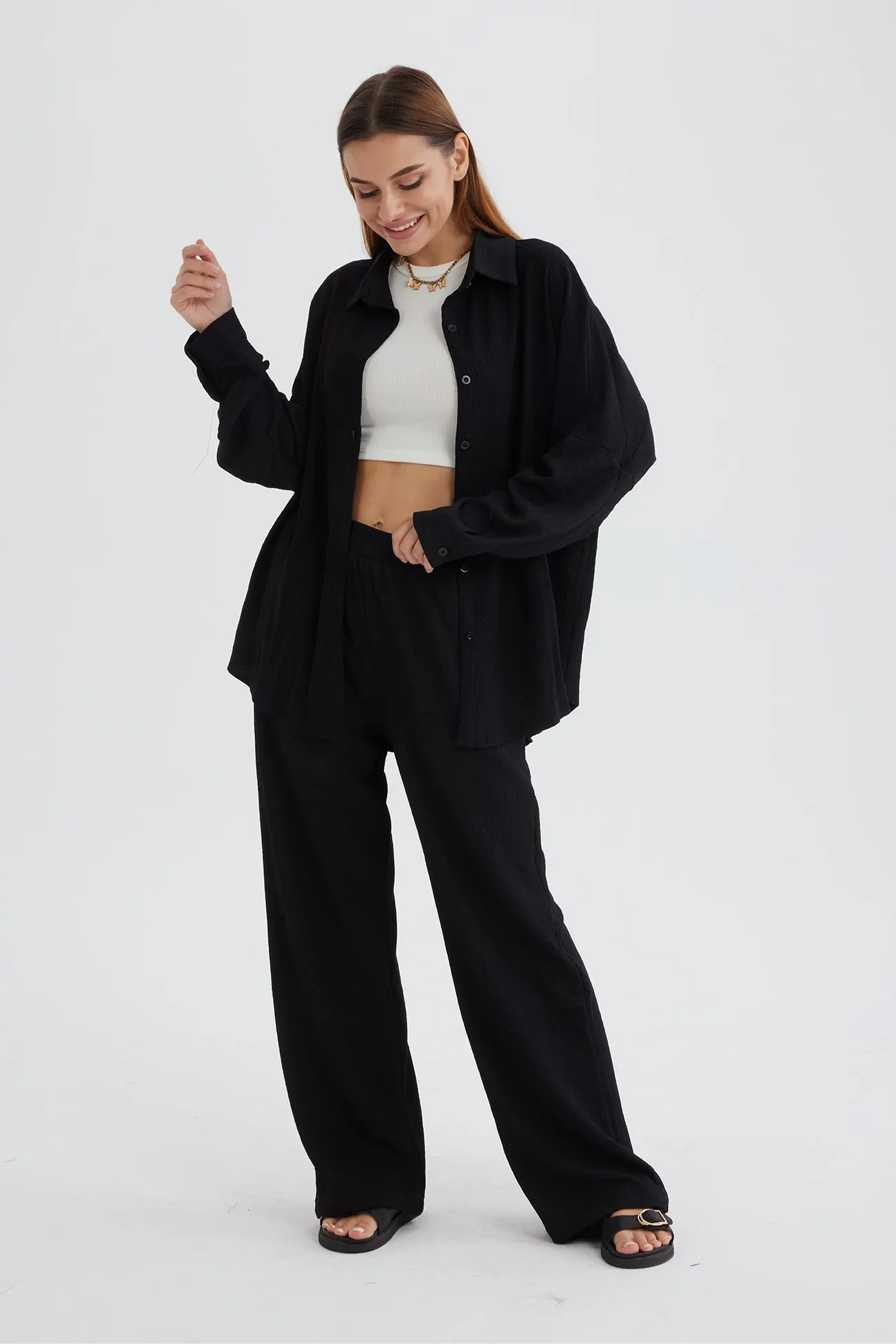 Maxct Two Piece Solid Color Long Sleeve Shirt Long Pants Set