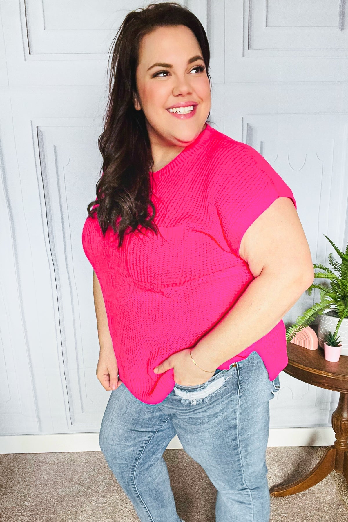 Maxct &Best In Bold Hot Pink Dolman Ribbed Knit Sweater Top