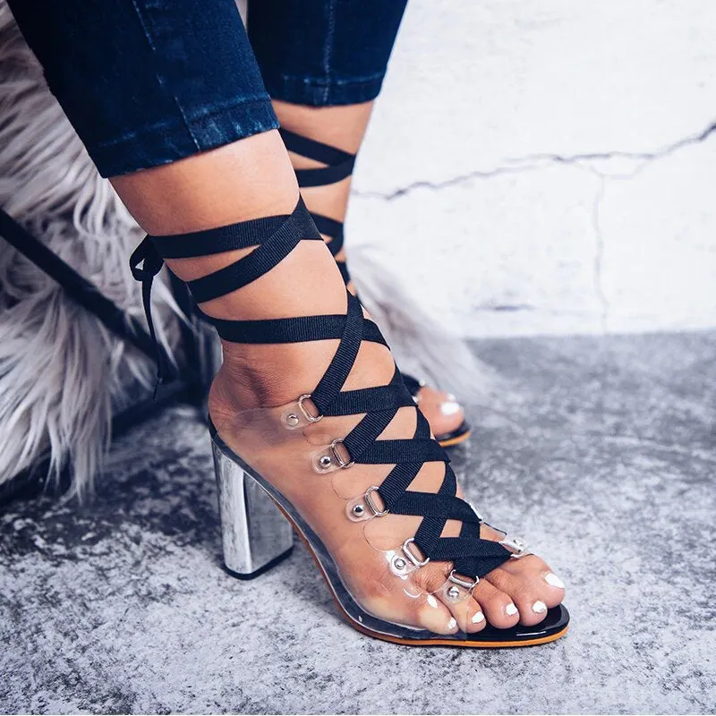 Square-Heeled PVC Transparent Cross-Tied Sandals Maxct