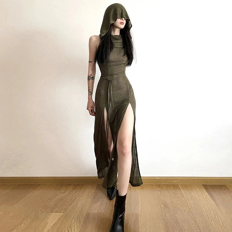 Wasteland Punk Dress y2k Solid Color Sleeveless Hollow Out Back Side Slit Hooded Dress 2000s Grunge Party Dresses Maxct